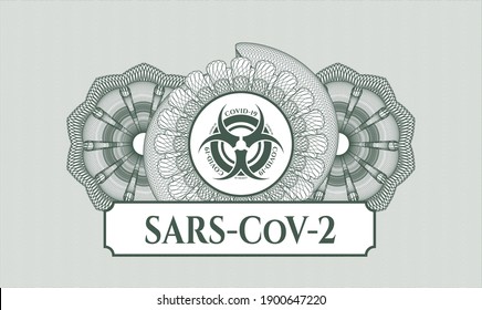 Grüne Rosette oder Geldstil-Emblem. Vektorgrafik. Detaillierte Angaben mit Covid-19-Symbol und SARS-CoV-2-Text innerhalb