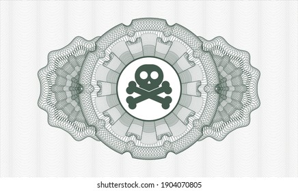 Green rosette or money style emblem. Vector Illustration. Detailed with crossbones icon inside