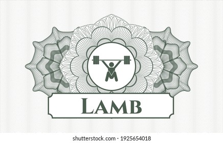 Green rosette (money style emblem). Vector Illustration. Detailed with snatch, weightlifting icon and Lamb text inside