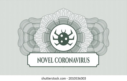 Green rosette (money style emblem). Vector Illustration. Detailed with bug icon and Novel Coronavirus text inside