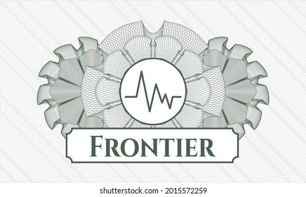 Green rosette (money style emblem). Vector Illustration. Detailed with electrocardiogram icon and Frontier text inside