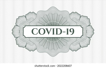 Green rosette or money style emblem. Vector Illustration. Detailed with text COVID-19 inside