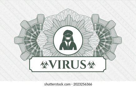 Green rosette or money style emblem. Vector Illustration. Detailed with woman wearing face mask icon and Virus text inside
