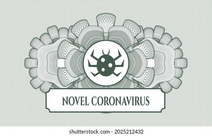 Green rosette (money style emblem). Vector Illustration. Detailed with bug icon and Novel Coronavirus text inside