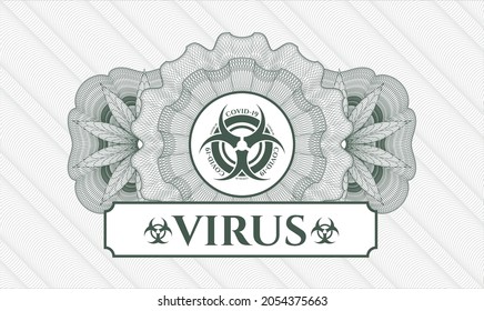 Green rosette (money style emblem). Vector Illustration. Detailed with biohazard covid-19 icon and Virus text inside