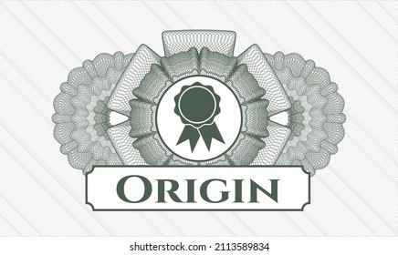 Estampilla verde o emblema del estilo del dinero. Ilustración vectorial. Detallado con el icono de cinta y el texto de origen dentro