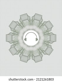 Green rosette or money style emblem. with headphones icon inside