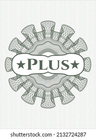 Green rosette or money style emblem with text Plus inside