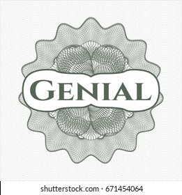 Green rosette or money style emblem with text Genial inside