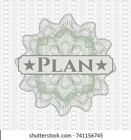 Green rosette or money style emblem with text Plan inside