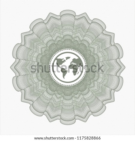 Green rosette or money style emblem with earth icon inside