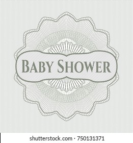 Green rosette with text "Baby Shower" inside. Passport style watermark