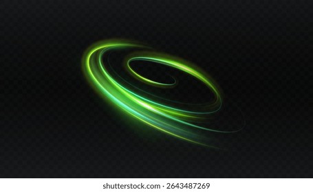 Green rotating light ring with speed effect on dark background. Neon swirl with shimmering glow and abstract energy.