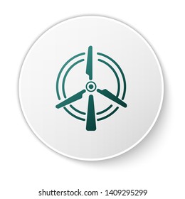 Green Rotating wind turbine icon isolated on white background. Wind generator sign. Windmill silhouette. Windmill for electric power production. White circle button. Vector Illustration