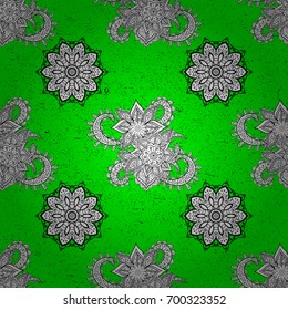 Green roughness textured curls. Oriental style arabesques. Vector white pattern. Green background with white elements.