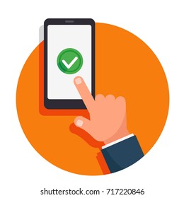 Green round acceptance check button on smartphone. App registration or login success. Modern flat vector icon set with accept, decline, arrow, graph mark, idea, money sign for ads, presentation design