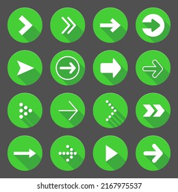 Iconos de puntero de flecha verde redonda, conjunto de colección de cursor, puntero de forma simple diseño plano infográfico pictograma concepto vector para el botón web de la aplicación ui ux elementos de interfaz aislados en fondo blanco