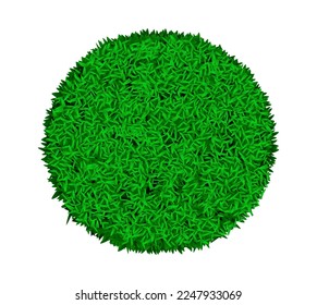 Green round astroturf rug with grass texture. Carpet or lawn top view. Vector background. Baseball, soccer, football or golf field. Fake plastic or fresh natural ground for game play.