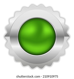 Green round badge with chrome border on white background
