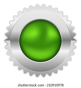 Green round badge with chrome border on white background