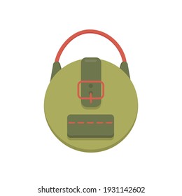 Green round bag with red handle and pocket, isolated on white background. Fashionable women's accessory. Vector illustration in flat style