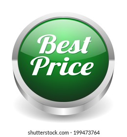 Green round best price button with metallic border on white background