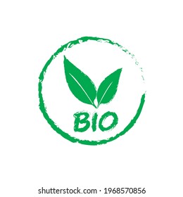 Green round Bio emblem with leaves isolated on white background.