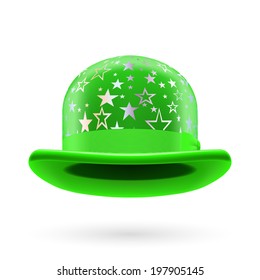 Green round bowler hat with silver glistening stars.