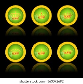 Green round button with a picture of a crown on black, vector, 10eps.