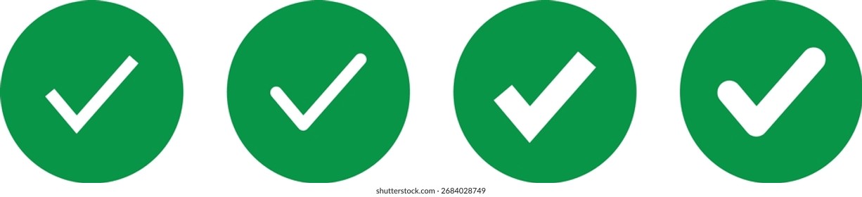 Ícones verdes redondos com marca de seleção para aprovação, êxito, verificação, confirmação, tarefas corretas, aceitas e concluídas. Limpe os tiques vetoriais de aplicativos, sites e apresentações.