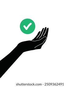 green round check mark on black hand icon. concept of marketing agreement or consumer confirm pictogram. flat simple survey or review logotype