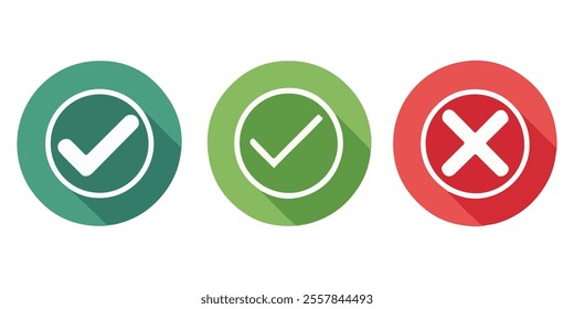 Green round checkmark icon in circle shape, approved symbol, flat round check mark button, tick sign, or checkbox symbol vector illustration, Correct vote choice isolated on white background
