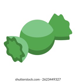 Green round chocolate candy with wrapper wrapped around it, isolated on white background