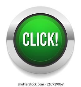 Green round click button with metallic border on white background
