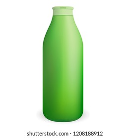 Green round cosmetic shampoo or shower gel bottle. Vector design template. Cosmetics packaging mockup. Realistic 3d illustration.