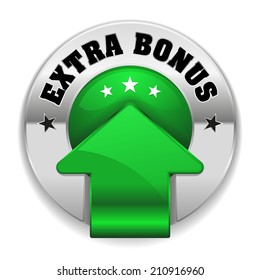 Green round extra bonus button with arrow and metallic border