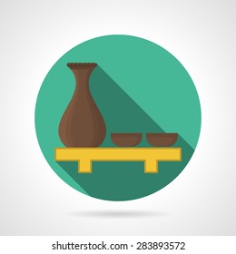 Green round flat color style vector icon for sake jug with two cups on wooden tray on gray background. Long shadow design