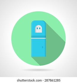 Green round flat design vector icon for blue electric water dispenser on gray background with long shadows.