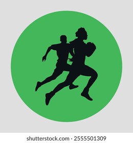 Green and round flat icon with black silhouette of two runners. Vector on a gray background