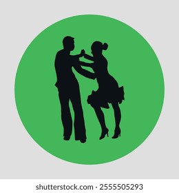 Green and round flat icon with black silhouette of a couple of ballroom dancers. Vector on a gray background