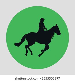 Green and round flat icon with black silhouette of a rider on a horse. Vector on gray background