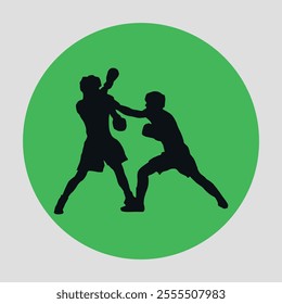 Green and round flat icon with black silhouettes of fighting boxers. Vector on gray background
