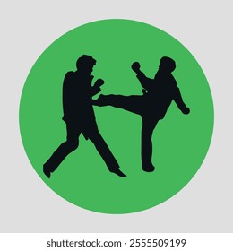 Green and round flat icon with black silhouettes of fighting karate fighters. Vector on gray background