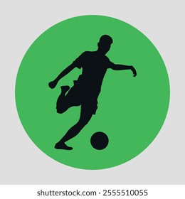 Green and round flat icon with black silhouette of a soccer player kicking a ball. Vector on a gray background