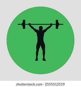 Green and round flat icon with black silhouette of an athlete with a raised barbell. Vector on a gray background