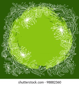 Green round floral background. Abstract outline illustration.