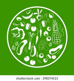 Green round frame with vegetables and fruits. Healthy, vegetarian food. Vector illustration 