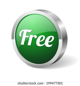 Green round free button with metallic border on white background