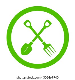 green round garden icon with tools silhouette