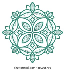 green round geometric pattern, floral ornament with sepia brown lines and fill